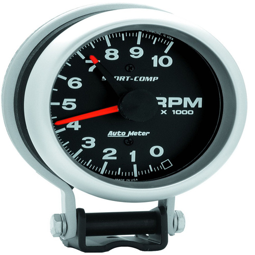 Autometer Gauge, Sport-Comp, Tachometer, 3 3/4 in., 0-10K RPM, Pedestal w/ Red LINE, Analog, Each