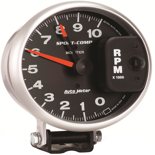 Autometer Gauge, Sport-Comp, Tachometer, 5 in., 0-10K RPM, Pedestal w/ Red LINE, Analog, Each