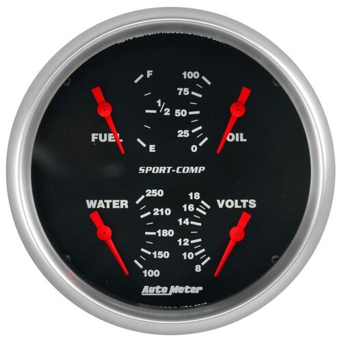 Autometer Gauge, Quad, 5", 0Ωe-90Ωf, Elec, Sport-Comp, Sport-Comp