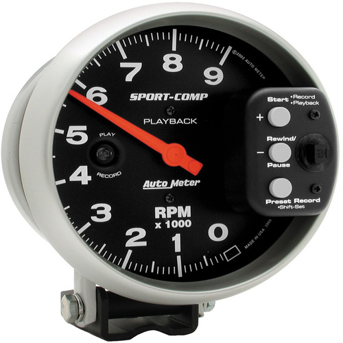 Autometer Gauge, Sport-Comp, Tachometer, 5 in., 0-9k RPM, Pedestal w/ RPM Playback, Analog, Each