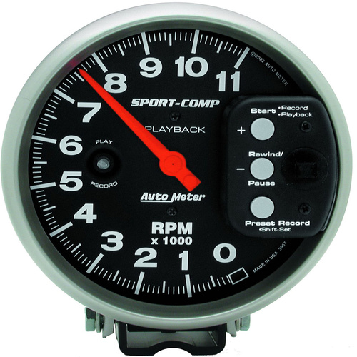 Autometer Gauge, Sport-Comp, Tachometer, 5 in., 0-11k RPM, Pedestal w/ RPM Playback, Analog, Each