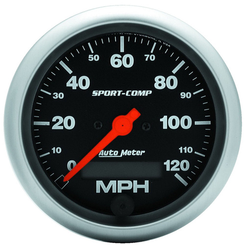 Autometer Gauge, Sport-Comp, Speedometer, 3 3/8 in., 120mph, Electric Programmable w/ LCD Odometer, Analog, Each