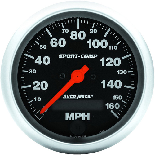 Autometer Gauge, Sport-Comp, Speedometer, 3 3/8 in., 160mph, Electric Programmable w/ LCD Odometer, Analog, Each