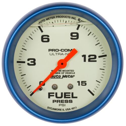 Autometer Gauge, Fuel Press, 2 5/8", 15Psi, Liquid Filled Mech, Glow In Dark, Ultra-Nite, Ultra-Nite