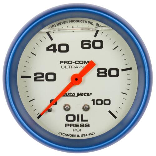 Autometer Gauge, Oil Press, 2 5/8", 100Psi, Liquid Filled Mech, Glow In  Dark, Ultra-Nite, Ultra-Nit