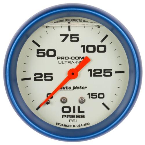 Autometer Gauge, Oil Press, 2 5/8", 150Psi, Liquid Filled Mech, Glow In  Dark, Ultra-Nite, Ultra-Nit