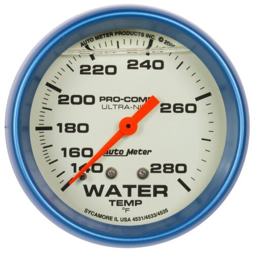 Autometer Gauge, Wtemp, 2 5/8", 140-280ºf, Liquid Filled Mech, Glow In Dark, Ultra-Nite, Ultra-Nite