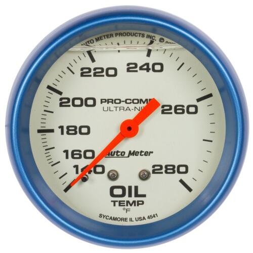 Autometer Gauge, Oil Temp, 2 5/8", 140-280ºf, Liquid Filled Mech, Glow In Dark, Ultra-Nite, Ultra-Ni
