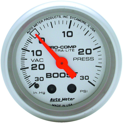 Autometer Gauge, Ultra-Lite, Vacuum/Boost, 2 1/16 in, 30 in. Hg/30psi, Mechanical, Analog, Each