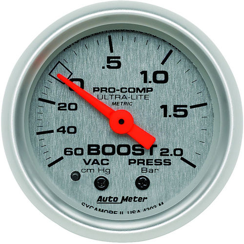 Autometer Gauge, Ultra-Lite, Vacuum/Boost, 2 1/16 in, 60CMHG - 2.0BAR, Mechanical, Each
