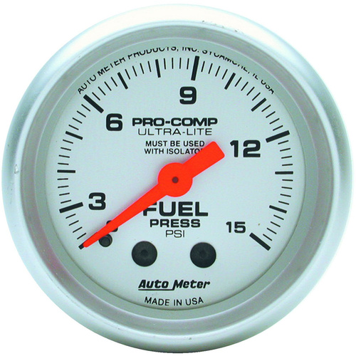 Autometer Gauge, Ultra-Lite, Fuel Pressure, 2 1/16 in., 15psi, Mechanical, Analog, Each
