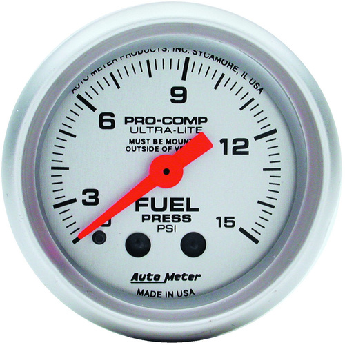 Autometer Gauge, Ultra-Lite, Fuel Pressure, 2 1/16 in., 15psi, Mechanical W/Isolator, Analog, Each