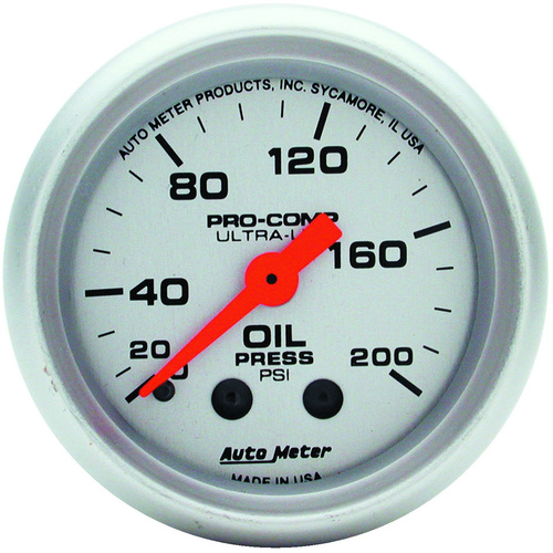 Autometer Gauge, Ultra-Lite, Oil Pressure, 2 1/16 in., 200psi, Mechanical, Analog, Each