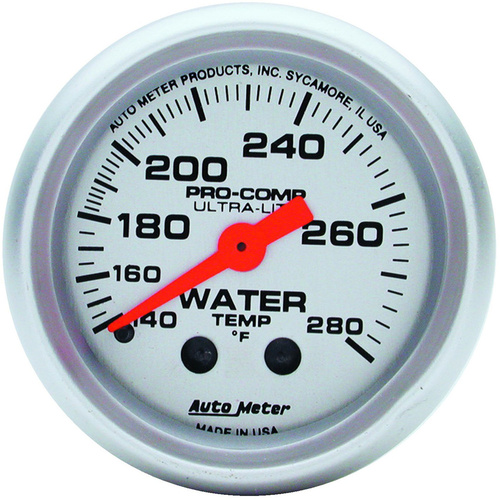 Autometer Gauge, Ultra-Lite, Water Temperature, 2 1/16 in., 140-280 Degrees F, Mechanical, Analog, Each