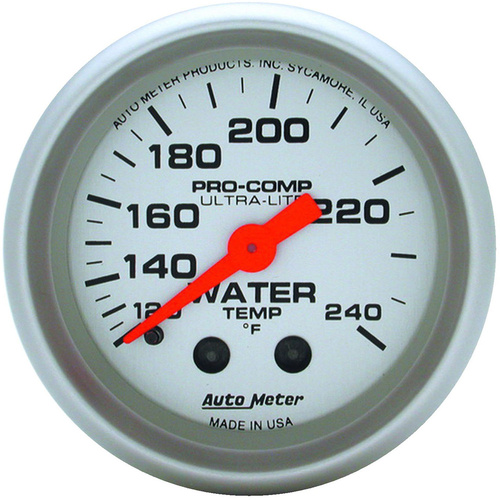 Autometer Gauge, Ultra-Lite, Water Temperature, 2 1/16 in., 120-240 Degrees F, Mechanical, 12ft., Analog, Each