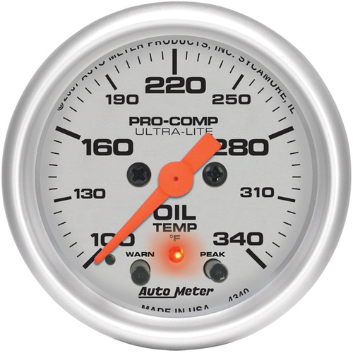 Autometer Gauge, Ultra-Lite, Oil Temperature, 2 1/16 in, 340 Degrees F, Stepper Motor W/Peak & Warn, Analog, Each