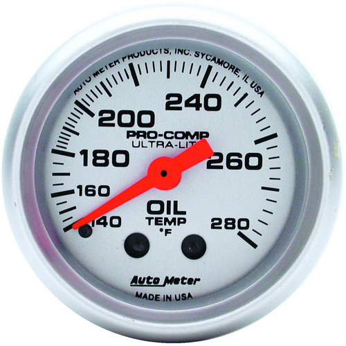 Autometer Gauge, Ultra-Lite, Oil Temperature, 2 1/16 in, 140-280 Degrees F, Mechanical, Analog, Each