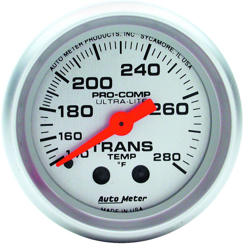 Autometer Gauge, Ultra-Lite, Transmission Temperature, 2 1/16 in, 140-280 Degrees F, Mechanical, 8ft, Analog, Each