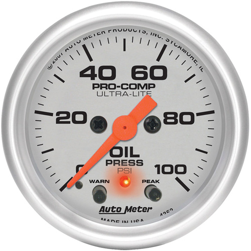 Autometer Gauge, Ultra-Lite, Oil Pressure, 2 1/16 in, 100psi, Digital Stepper Motor W/Peak & Warn, Analog, Each