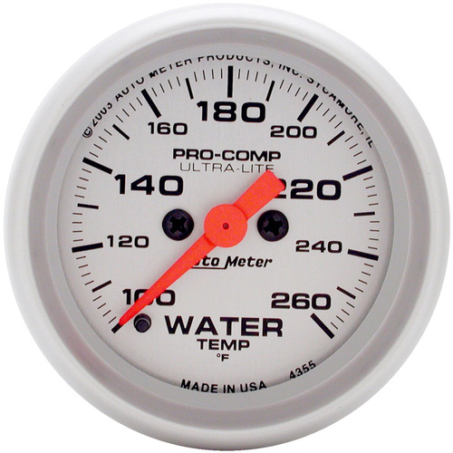 Autometer Gauge, Ultra-Lite, Water Temperature 100-260 Degrees F 2 1/16 in. Analog Electrical, Each