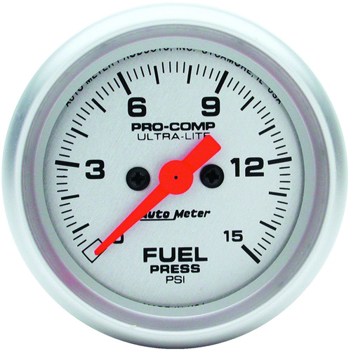 Autometer Gauge, Ultra-Lite, Fuel Pressure 0-15 psi 2 1/16 in. Analog Electrical Each, Each