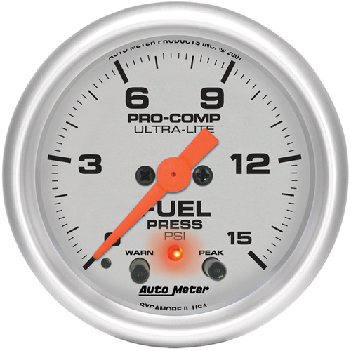 Autometer Gauge, Ultra-Lite, Fuel Pressure, 2 1/16 in., 15psi, Stepper Motor W/Peak & Warn, Analog, Each