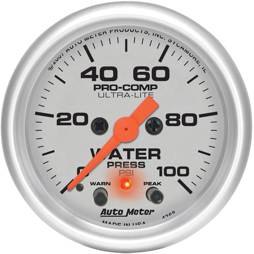 Autometer Gauge, Ultra-Lite, Water Pressure, 2 1/16 in., 100psi, Stepper Motor W/Peak & Warn, Each