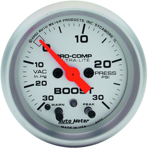Autometer Gauge, Ultra-Lite, Vacuum/Boost, 2 1/16 in., 30 in. Hg/15psi, Stepper Motor W/Peak & Warn, Analog, Each