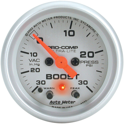 Autometer Gauge, Ultra-Lite, Vacuum/Boost, 2 1/16 in., 30 in. Hg/30psi, Stepper Motor W/Peak & Warn, Analog, Each
