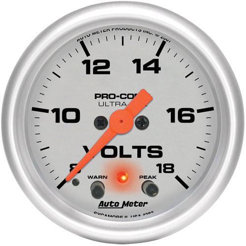 Autometer Gauge, Ultra-Lite, Voltmeter, 2 1/16 in, 18V, Digital Stepper Motor W/Peak & Warn, Analog, Each