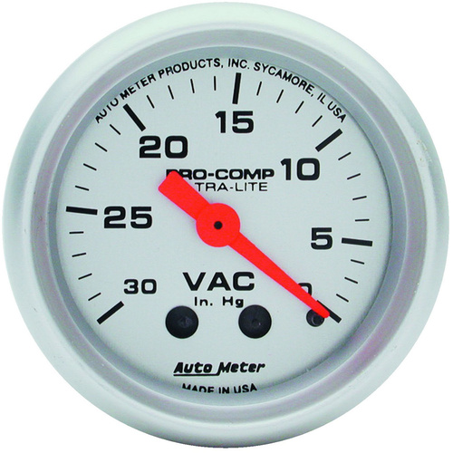 Autometer Gauge, Ultra-Lite, Vacuum, 2 1/16 in., 30 in. Hg, Mechanical, Analog, Each