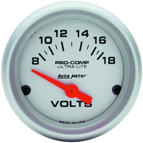 Autometer Gauge, Ultra-Lite, Voltmeter, 2 1/16 in., 18V, Electrical, Each