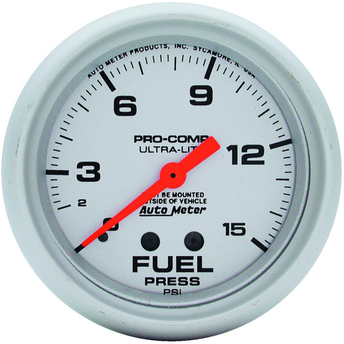 Autometer Gauge, Ultra-Lite, Fuel Pressure, 2 5/8 in, 15psi, Mechanical, Analog, Each