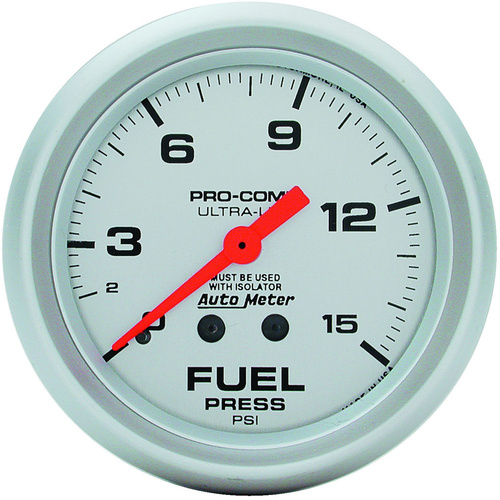 Autometer Gauge, Ultra-Lite, Fuel Pressure, 2 5/8 in., 15psi, Mechanical W/Isolator, Analog, Each