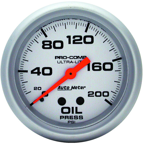Autometer Gauge, Ultra-Lite, Oil Pressure, 2 5/8 in., 200psi, Mechanical, Analog, Each