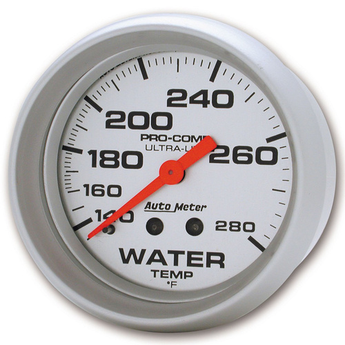 Autometer Gauge, Ultra-Lite, Water Temperature, 2 5/8 in., 140-280 Degrees F, Mechanical, Analog, Each