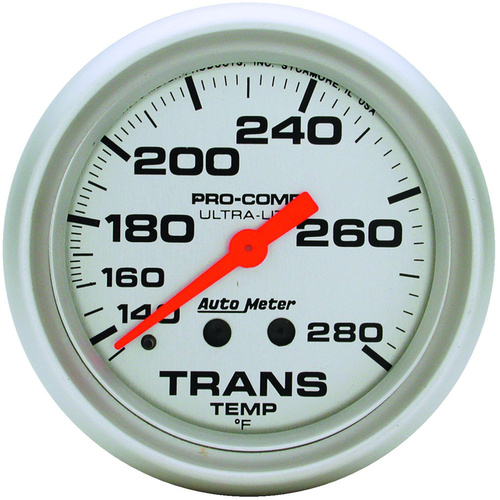 Autometer Gauge, Ultra-Lite, Transmission Temperature, 2 5/8 in, 140-280 Degrees F, Mechanical, 8ft, Analog, Each