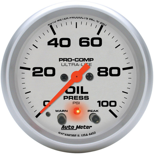 Autometer Gauge, Ultra-Lite, Oil Pressure, 2 5/8 in., 100psi, Digital Stepper Motor W/Peak & Warn, Analog, Each