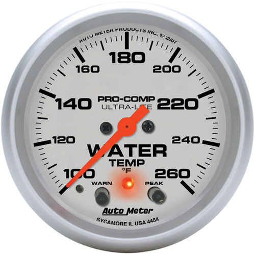 Autometer Gauge, Ultra-Lite, Water Temperature, 2 5/8 in., 260 Degrees F, Digital Stepper Motor w/ Pack & Warn, Analog, Each