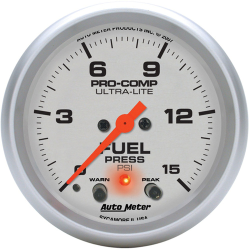 Autometer Gauge, Ultra-Lite, Fuel Pressure, 2 5/8 in., 15psi, Digital Stepper Motor W/Peak & Warn, Analog, Each