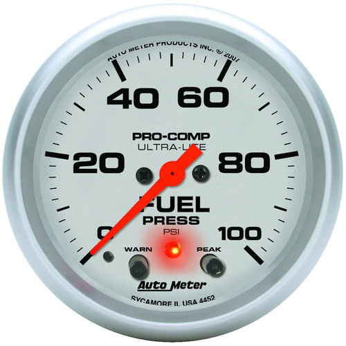 Autometer Gauge, Ultra-Lite, Fuel Pressure, 2 5/8 in., 100psi, Digital Stepper Motor W/Peak & Warn, Analog, Each