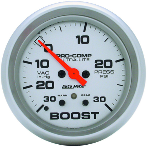 Autometer Gauge, Ultra-Lite, Vacuum/Boost, 2 5/8 in, 30 in. Hg/30psi, Stepper Motor W/Peak & Warn, Each
