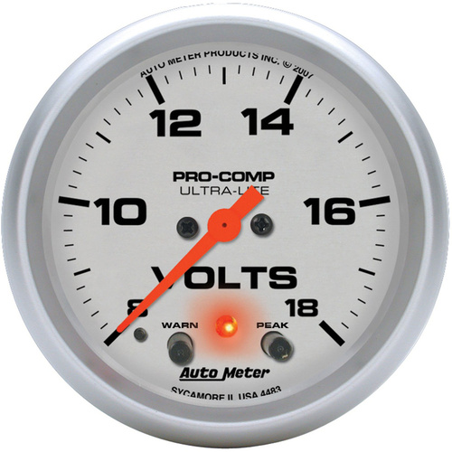 Autometer Gauge, Ultra-Lite, Voltmeter, 2 5/8 in., 18V, Digital Stepper Motor w/ Peak & Warn, Analog, Each