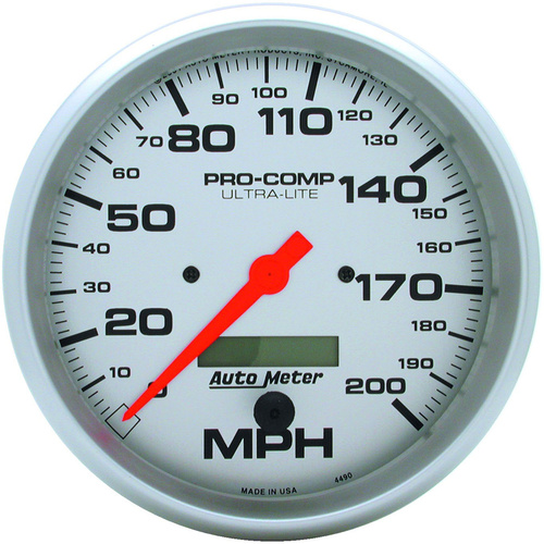Autometer Gauge, Ultra-Lite, Speedometer, 5 in., 200mph, Electric Programmable w/ LCD Odometer, Analog, Each