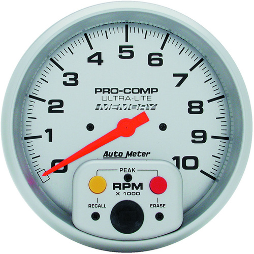 Autometer Gauge, Ultra-Lite, Tachometer, 5 in., 0-10K RPM, In-Dash W/Peak RPM Memory, Analog, Each