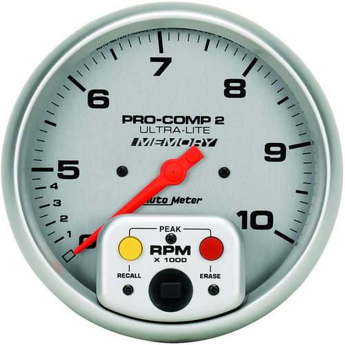 Autometer Gauge, Ultra-Lite, Tachometer, 5 in., 0-10K RPM, In-Dash, Dual RANGE W/Peak Memory, Analog, Each