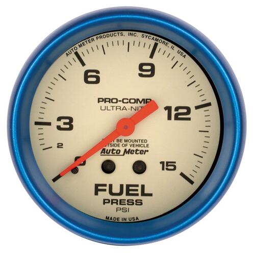 Autometer Gauge, Fuel Press, 2 5/8", 15Psi, Mech., Glow In The Dark, Ultra-Nite, Ultra-Nite