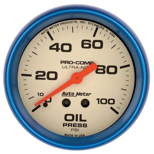 Autometer Gauge, Oil Press, 2 5/8", 100Psi, Mech., Glow In The Dark, Ultra-Nite, Ultra-Nite