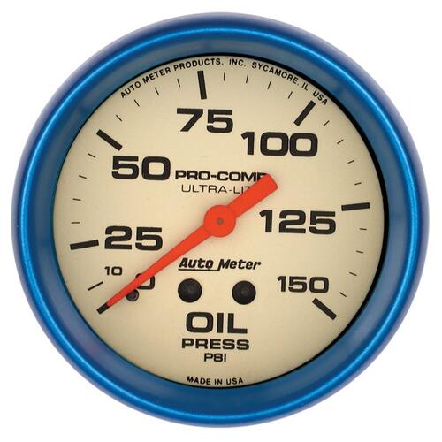 Autometer Gauge, Oil Press, 2 5/8", 150Psi, Mech., Glow In The Dark, Ultra-Nite, Ultra-Nite