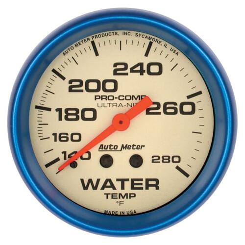 Autometer Gauge, Water Temp, 2 5/8", 140-280ºf, Mech., Glow In The Dark, Ultra-Nite, Ultra-Nite